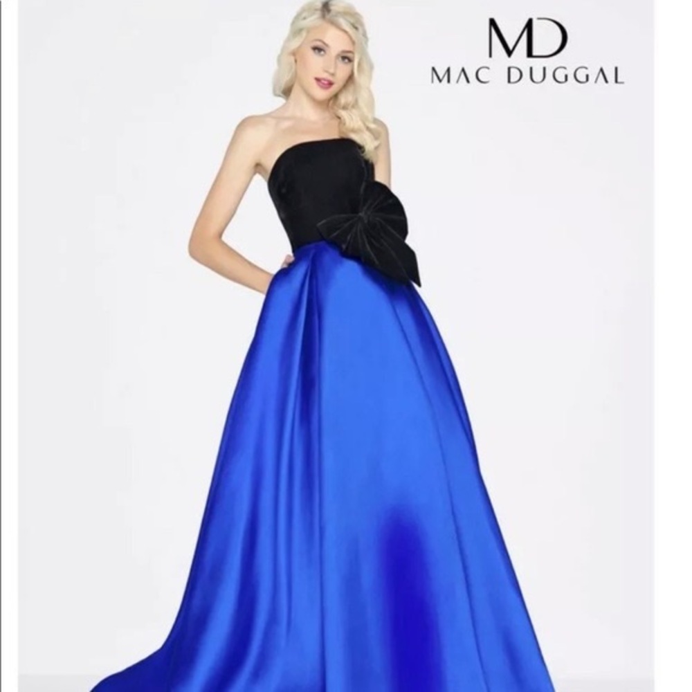 Mac Duggal Long Strapless Prom Ball Gown 66318L SZ 14 Color Blue & Black